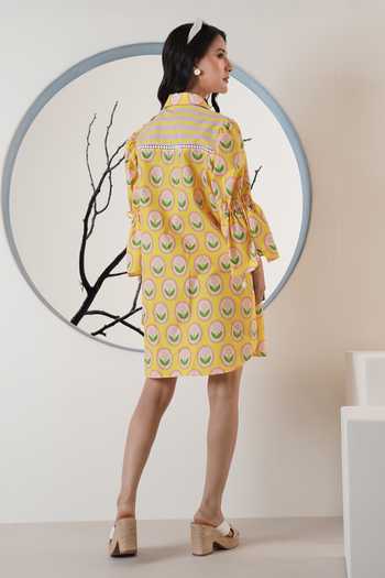Shop_Surabhi Arya_Yellow Poplin Collared Printed Short Dress _at_Aza_Fashions