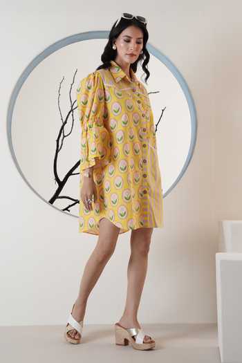 Buy_Surabhi Arya_Yellow Poplin Collared Printed Short Dress _Online_at_Aza_Fashions