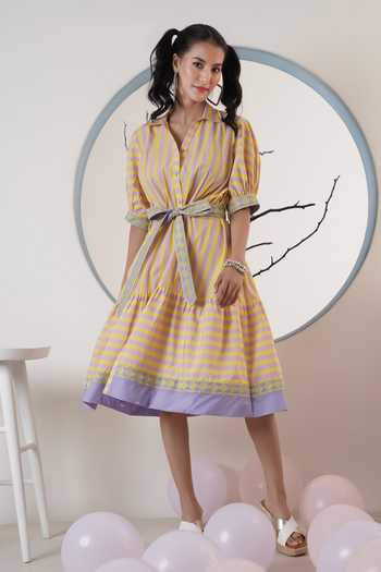 Surabhi Arya_Yellow Poplin Embroidery Collared Striped Midi Dress  _Online_at_Aza_Fashions