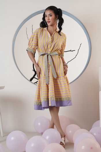 Surabhi Arya_Yellow Poplin Embroidery Collared Striped Midi Dress  _at_Aza_Fashions