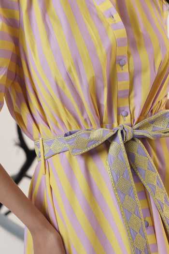 Buy_Surabhi Arya_Yellow Poplin Embroidery Collared Striped Midi Dress  