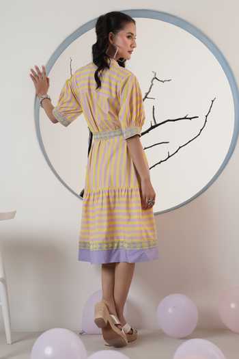 Shop_Surabhi Arya_Yellow Poplin Embroidery Collared Striped Midi Dress  _at_Aza_Fashions