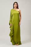 Samyukta Singhania_Green One Shoulder Ruffled Maxi Dress _Online_at_Aza_Fashions
