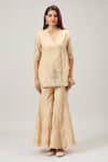 Samyukta Singhania_Beige Chanderi Sequins V-neck Angarkha Tunic And Sharara Set _Online_at_Aza_Fashions