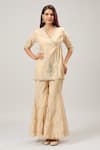Samyukta Singhania_Beige Chanderi Sequins V-neck Angarkha Tunic And Sharara Set _at_Aza_Fashions