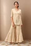 Buy_Samyukta Singhania_Beige Chanderi Sequins V-neck Angarkha Tunic And Sharara Set _at_Aza_Fashions