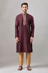 Shop_Arihant Rai Sinha_Wine Embroidery Plain Banarasi Silk Kurta Set _Online_at_Aza_Fashions