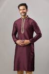 Buy_Arihant Rai Sinha_Wine Embroidery Banarasi Silk Classic Kurta_at_Aza_Fashions