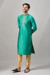 Buy_Arihant Rai Sinha_Teal Embroidery Green Banarasi Art Silk Kurta _Online_at_Aza_Fashions