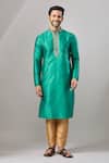 Shop_Arihant Rai Sinha_Teal Embroidery Green Banarasi Art Silk Kurta _Online_at_Aza_Fashions