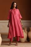 Buy_Beige_Pink Chanderi, Cotton Satin Embroidery, Beads, Sequins Collared Hand Kurta Set _at_Aza_Fashions