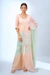 Buy_Samyukta Singhania_Peach Georgette, Chiffon Embroidery, Sequins V-neck Ombre Kurta Set _at_Aza_Fashions