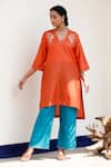 Buy_Eeda_Orange Silk Kurta Set With Blue Pant _at_Aza_Fashions