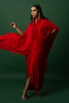 Shop_DAY AND MOOD_Red Chiffon Dhoti Set With Cape _Online_at_Aza_Fashions