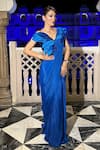Shop_Reeti Arneja - Theklub_Blue Chiffon, Satin Embroidery Mirah Pre-stitched Saree With 3d Leaf Blouse 