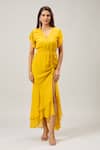 Samyukta Singhania_Mustard Georgette V-neck Yellow Midi Dress _Online_at_Aza_Fashions