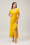 Buy_Samyukta Singhania_Mustard Georgette V-neck Yellow Midi Dress _Online_at_Aza_Fashions
