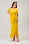 Shop_Samyukta Singhania_Mustard Georgette V-neck Yellow Midi Dress _Online_at_Aza_Fashions
