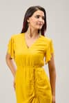 Samyukta Singhania_Mustard Georgette V-neck Yellow Midi Dress _at_Aza_Fashions