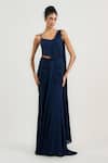 Buy_OTT_Navy Silk, Georgette Blue Pre-draped Saree _at_Aza_Fashions