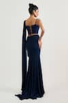 Shop_OTT_Navy Silk, Georgette Blue Pre-draped Saree _at_Aza_Fashions
