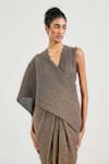 OTT_Gold V-neck Crinkle Draped Saree Gown _Online_at_Aza_Fashions