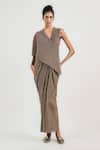 Buy_OTT_Gold V-neck Crinkle Draped Saree Gown _at_Aza_Fashions