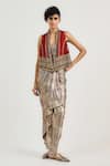 OTT_Rust Silk, Velvet Open Neck Mughal Pattern Gilet Jacket _at_Aza_Fashions