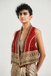 Buy_OTT_Rust Silk, Velvet Open Neck Mughal Pattern Gilet Jacket 