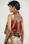 Shop_OTT_Rust Silk, Velvet Open Neck Mughal Pattern Gilet Jacket _at_Aza_Fashions