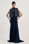 OTT_Navy Handloom Cotton High Neck Blue Handwoven Tweed Gilet _Online_at_Aza_Fashions