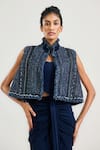 Buy_OTT_Navy Handloom Cotton High Neck Blue Handwoven Tweed Gilet _at_Aza_Fashions