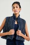 Buy_OTT_Navy Handloom Cotton High Neck Blue Handwoven Tweed Gilet _Online_at_Aza_Fashions