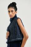 Shop_OTT_Navy Handloom Cotton High Neck Blue Handwoven Tweed Gilet _at_Aza_Fashions