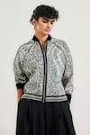Buy_Ott_Black Silk Satin, Organza Embroidery Round Neck Jamawar Bomber Jacket _at_Aza_Fashions