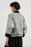 Shop_Ott_Black Silk Satin, Organza Embroidery Round Neck Jamawar Bomber Jacket _at_Aza_Fashions