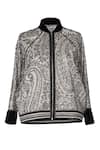 Ott_Black Silk Satin, Organza Embroidery Round Neck Jamawar Bomber Jacket _at_Aza_Fashions
