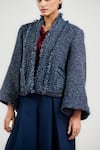 Ott_Navy Handloom , Open Neck Blue Handwoven Tweed Jacket _Online_at_Aza_Fashions
