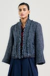 Shop_Ott_Navy Handloom , Open Neck Blue Handwoven Tweed Jacket _at_Aza_Fashions