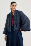 Buy_Ott_Navy Handloom , Open Neck Blue Handwoven Tweed Jacket _at_Aza_Fashions