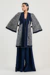Buy_OTT_Navy Cotton Embroidery Open Neck Blue Jamawar Jacket _at_Aza_Fashions