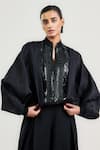 Ott_Black Silk Satin, Organza Beads, Sequins High Neck Beaded Bomber Jacket _Online_at_Aza_Fashions