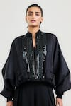 Buy_Ott_Black Silk Satin, Organza Beads, Sequins High Neck Beaded Bomber Jacket _at_Aza_Fashions