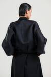 Shop_Ott_Black Silk Satin, Organza Beads, Sequins High Neck Beaded Bomber Jacket _at_Aza_Fashions