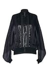 Shop_Ott_Black Silk Satin, Organza Beads, Sequins High Neck Beaded Bomber Jacket _Online_at_Aza_Fashions