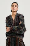Buy_Ott_Burgundy Silk, Velvet Embroidery Collared Jamawar Bomber Jacket _at_Aza_Fashions