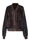 Shop_Ott_Burgundy Silk, Velvet Embroidery Collared Jamawar Bomber Jacket _Online_at_Aza_Fashions