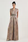 Buy_OTT_Multi Color Jersey Metallic Thread V-neck Jewel Print Jumpsuit _at_Aza_Fashions