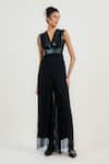 Buy_OTT_Black Tulle Sequins V-neck Crinkled Cocktail Jumpsuit _at_Aza_Fashions