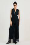 Buy_OTT_Black Tulle Sequins V-neck Crinkled Cocktail Jumpsuit _Online_at_Aza_Fashions
